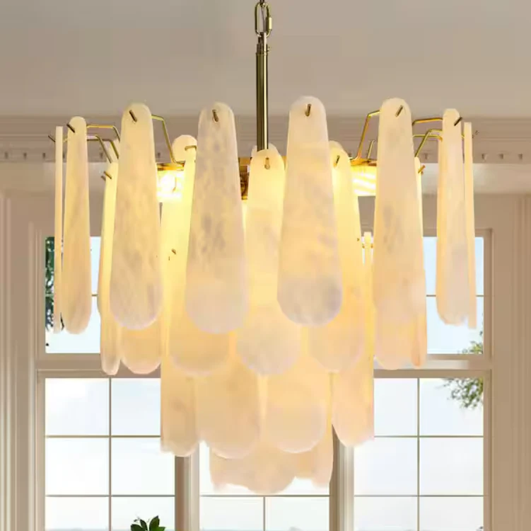 21.6 in. 6-Light Modern Round Alabaster Kitchen Island Chandelier, 4-Tier Luxury Large White Chandelier for Bedroom