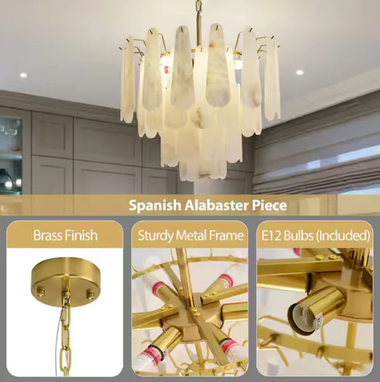 21.6 in. 6-Light Modern Round Alabaster Kitchen Island Chandelier, 4-Tier Luxury Large White Chandelier for Bedroom - Image 7