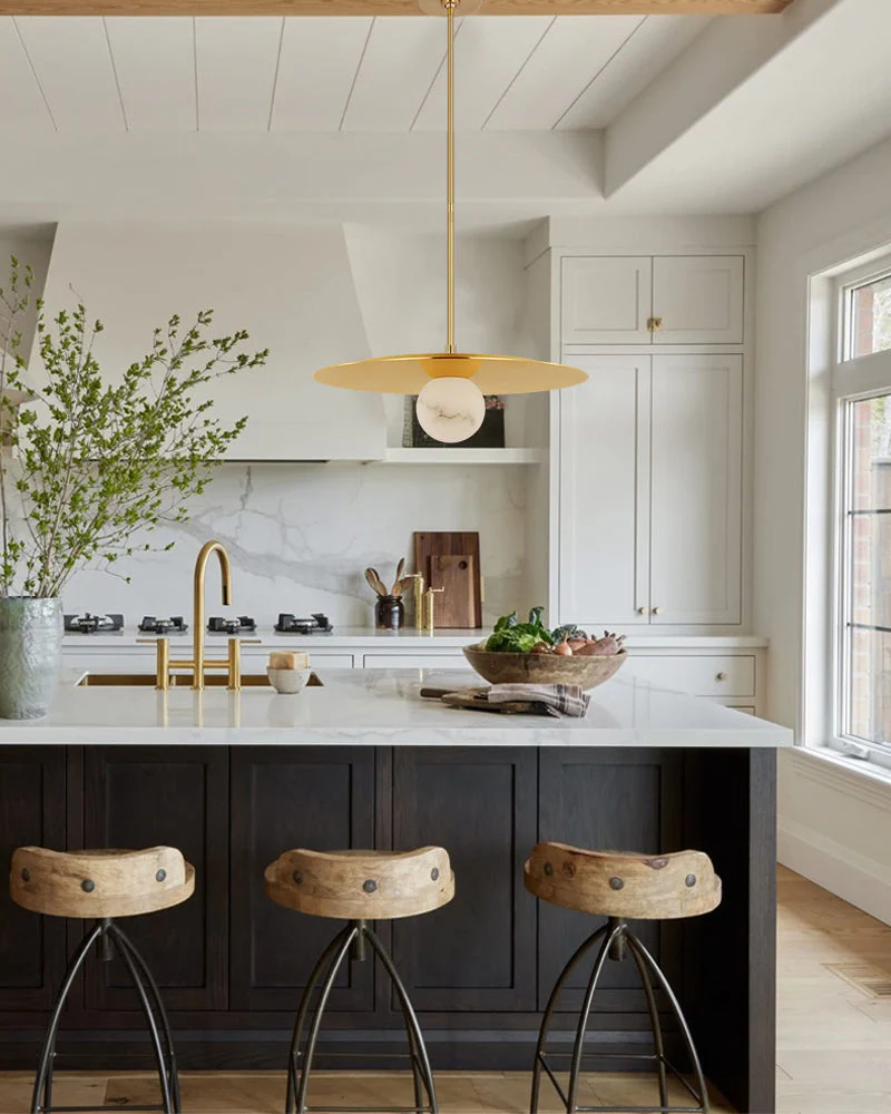 Alabaster Globes LED Disc Pendant Light in Lacquered Brass/Black Stainless Frame - Image 3