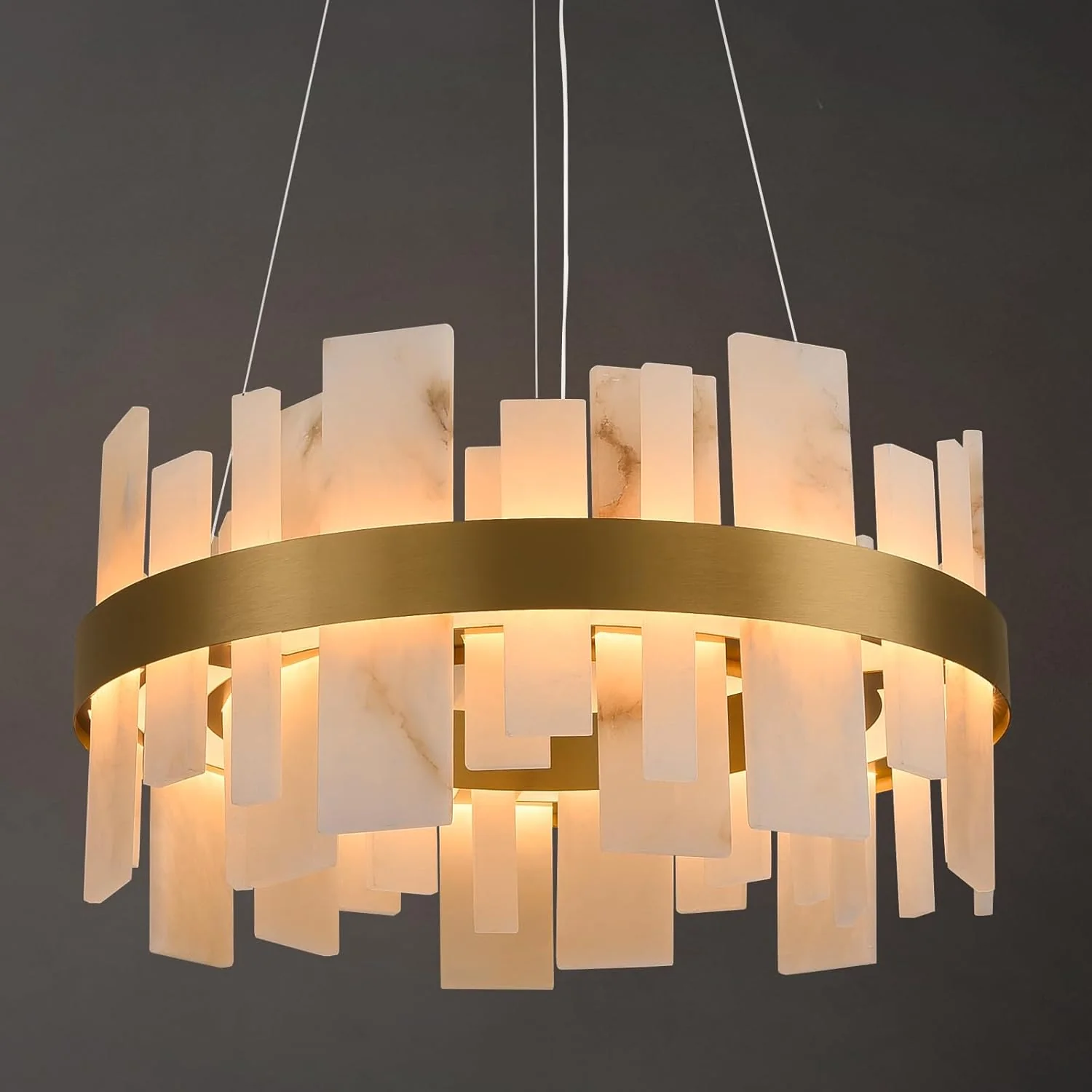 Alabaster Round Chandelier, D24 Inch Natural Spanish Marble Stone Texture Chandeliers