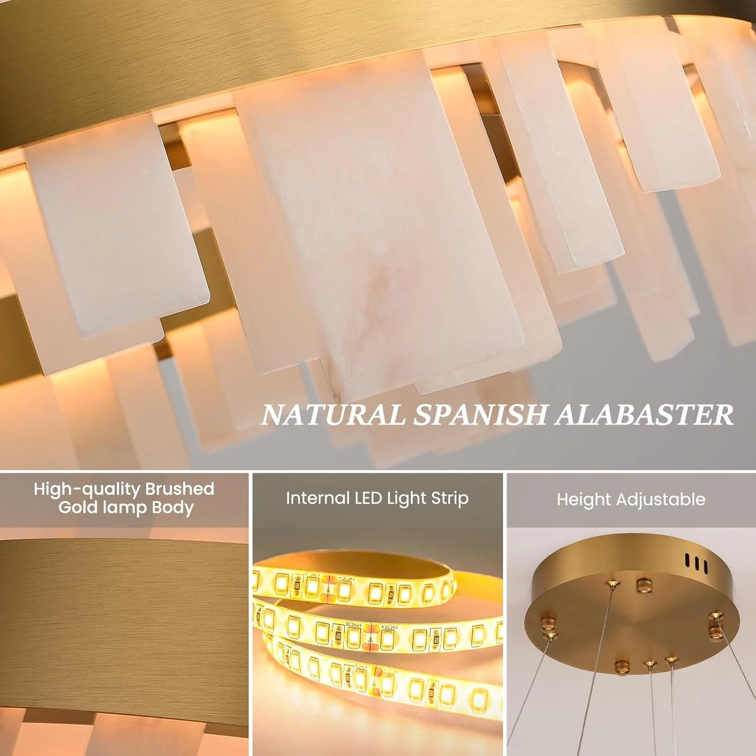 Alabaster Round Chandelier, D24 Inch Natural Spanish Marble Stone Texture Chandeliers - Image 2