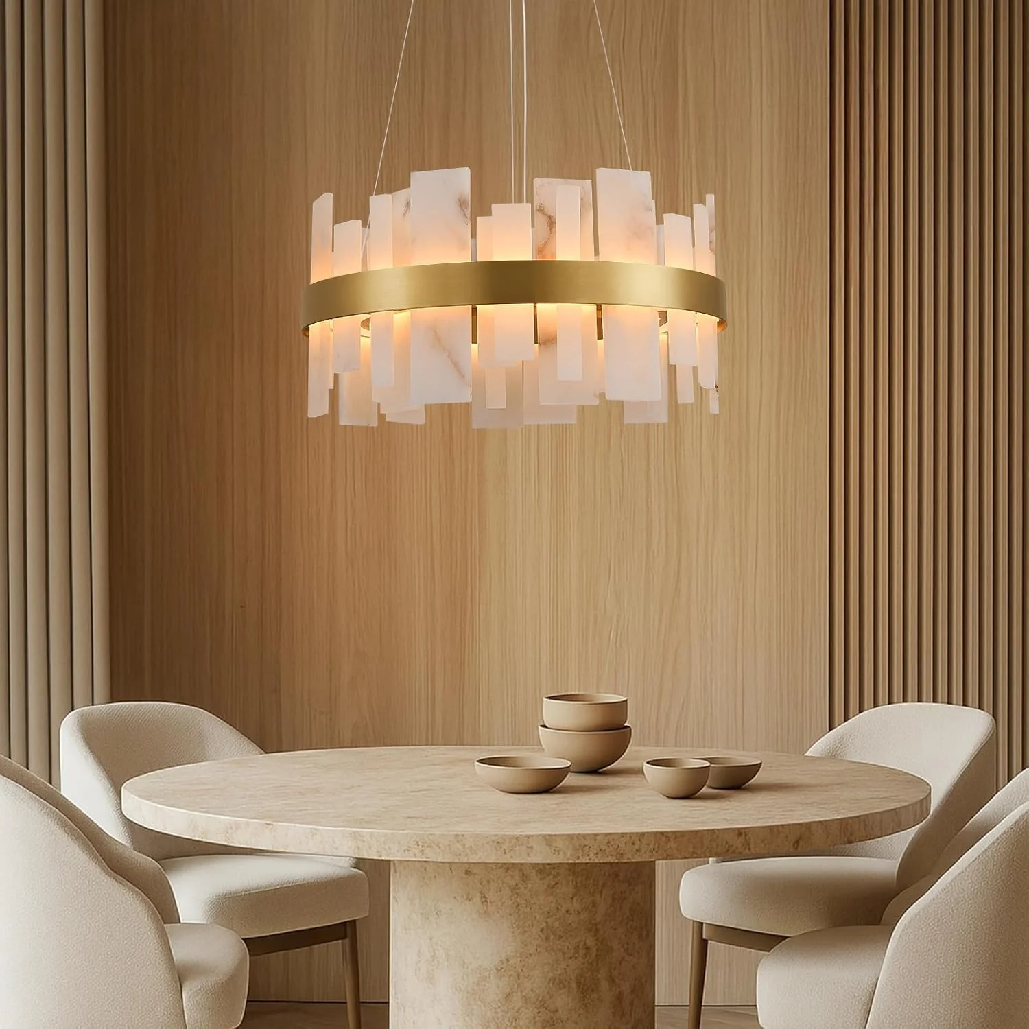 Alabaster Round Chandelier, D24 Inch Natural Spanish Marble Stone Texture Chandeliers - Image 3