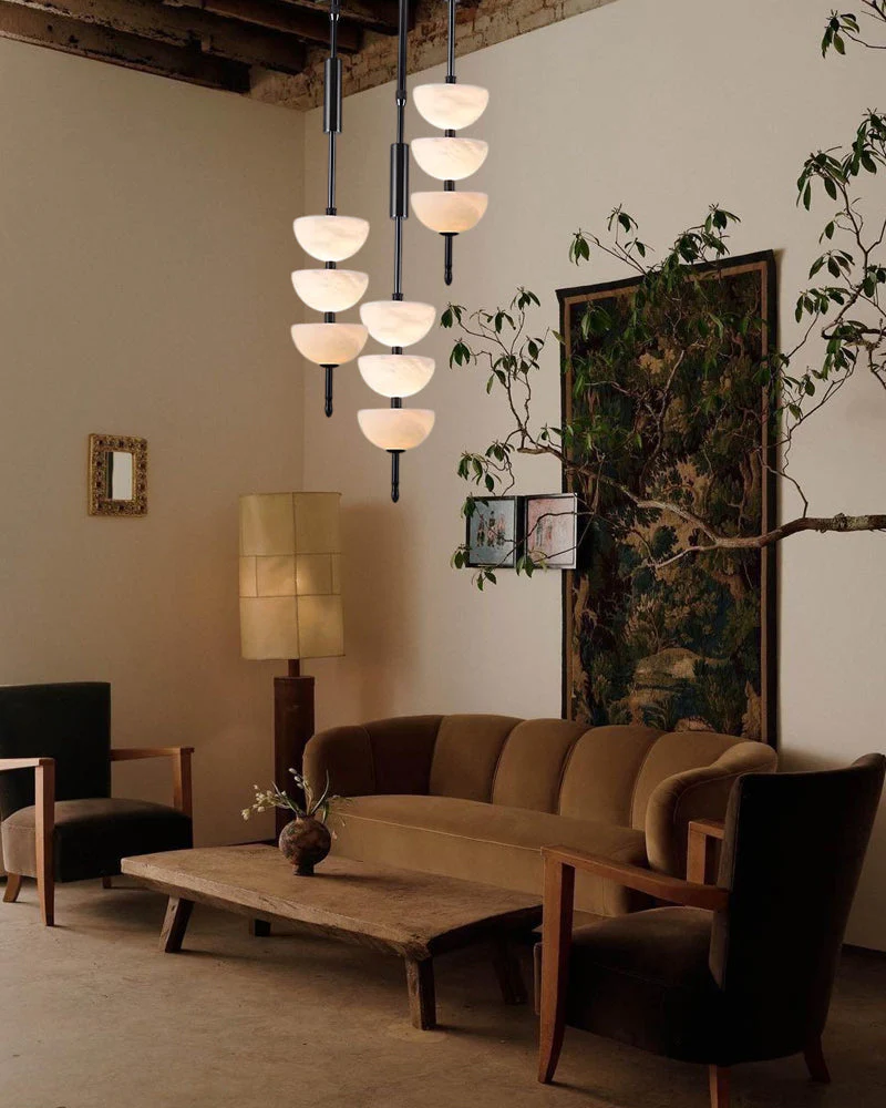 Alabaster Triple Half Spheres Vertical Suspension Lights Lacquered Burnished Brass/Bronze - Image 10