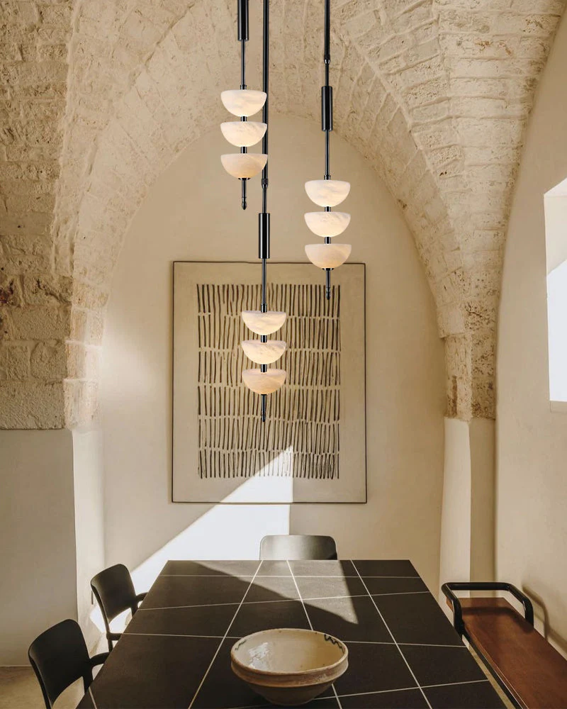 Alabaster Triple Half Spheres Vertical Suspension Lights Lacquered Burnished Brass/Bronze - Image 5