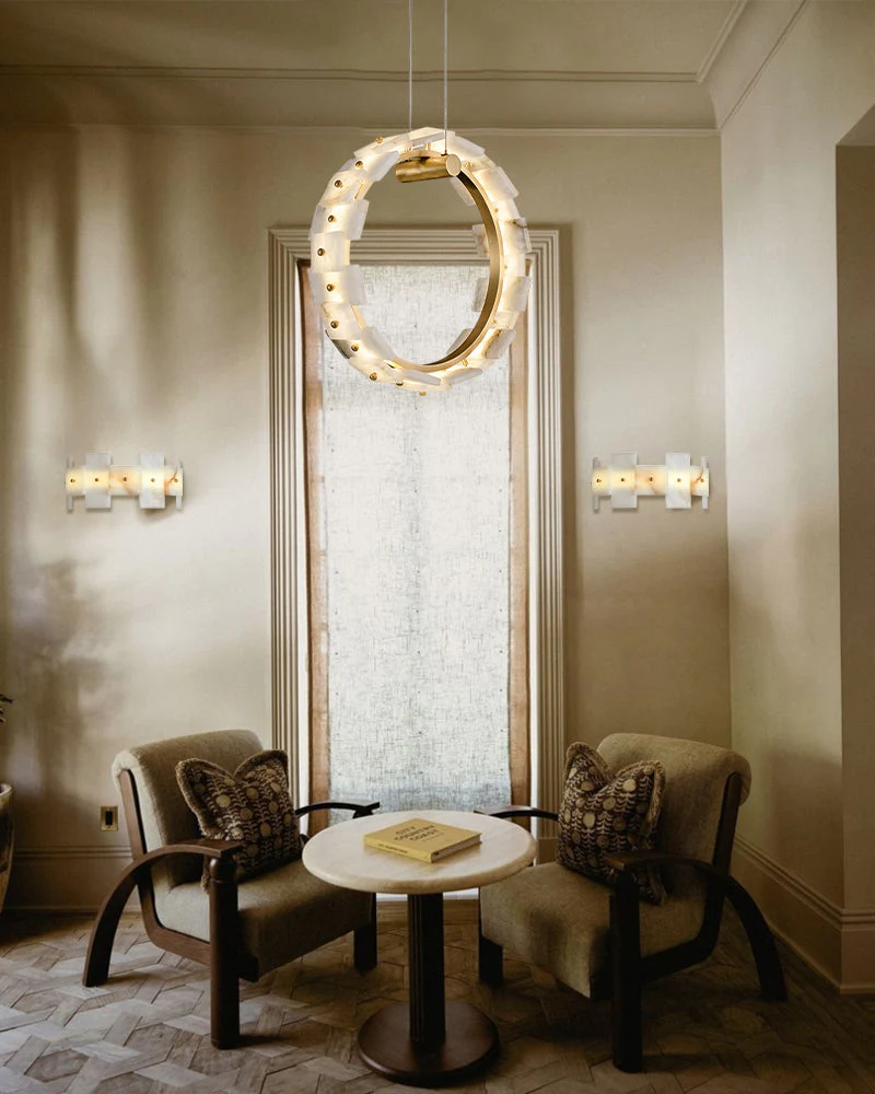 Antique Brass Ring Frame Round Halo Alabaster Modern Lighting Chandelier Wide 31"
