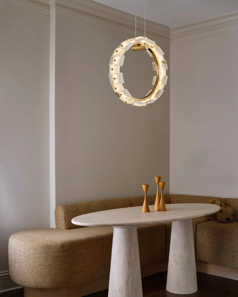Antique Brass Ring Frame Round Halo Alabaster Modern Lighting Chandelier Wide 31" - Image 11