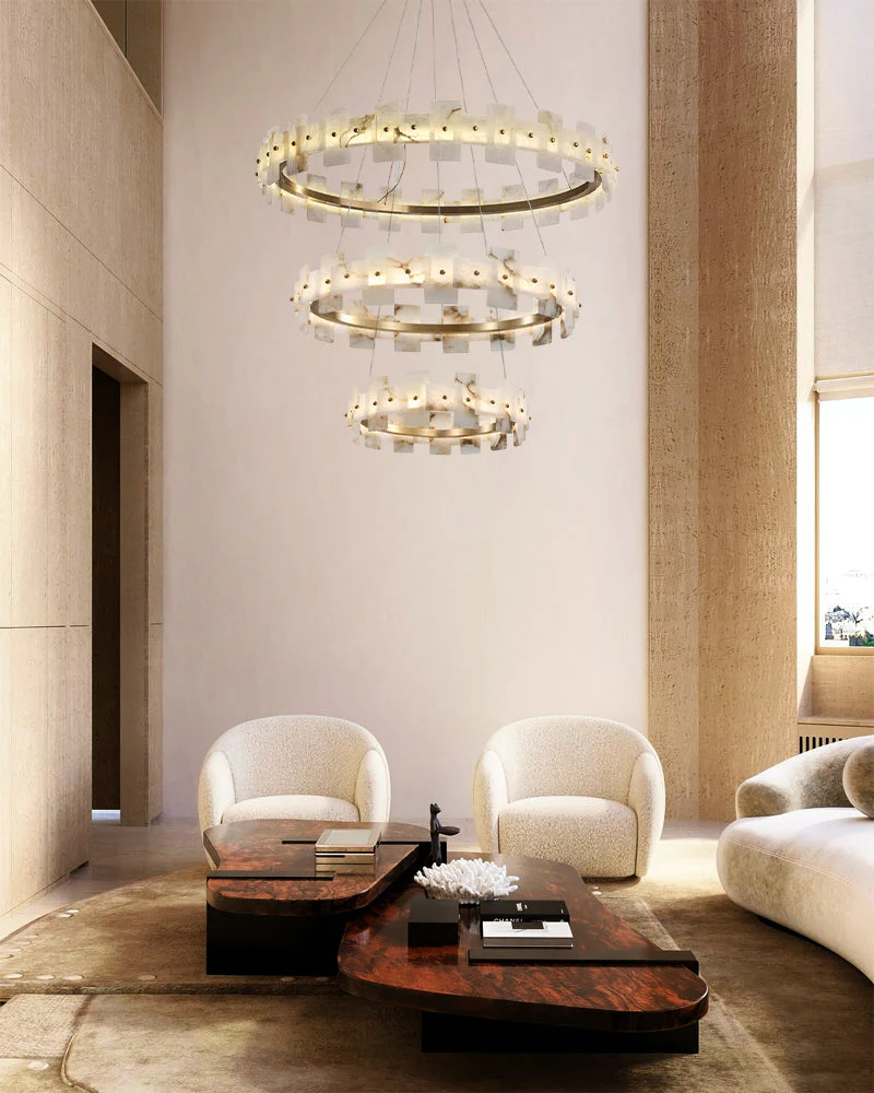 Antique Brass Ring Frame Round Halo Alabaster Modern Lighting Chandelier Wide 31" - Image 12
