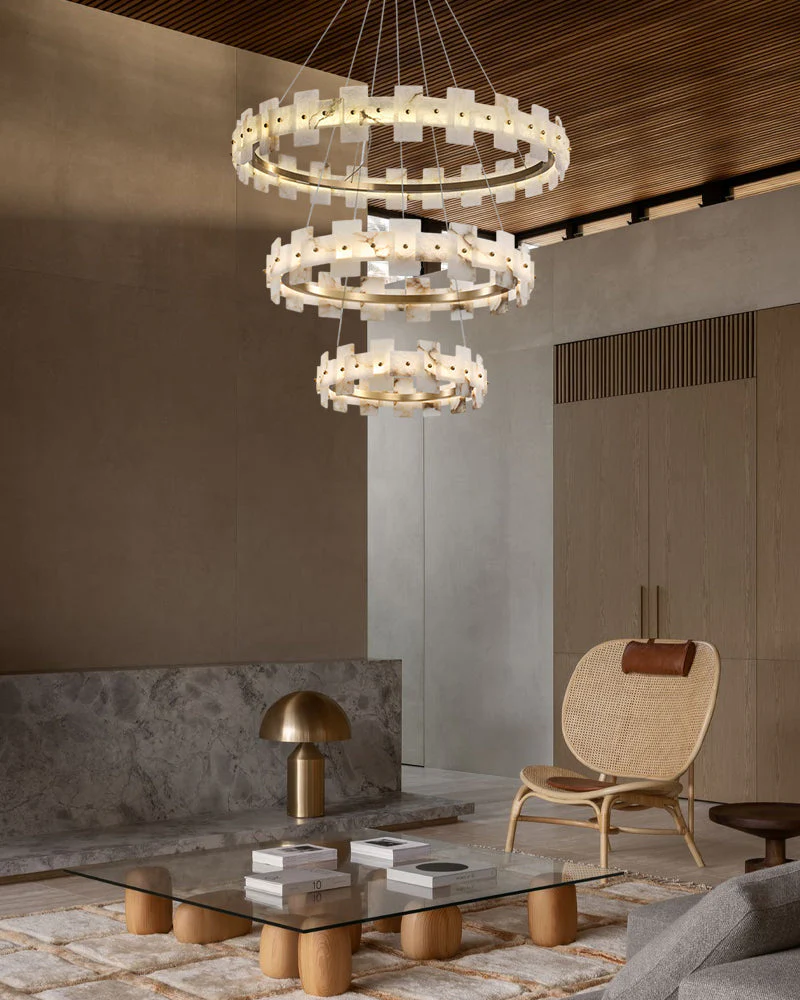 Antique Brass Ring Frame Round Halo Alabaster Modern Lighting Chandelier Wide 31" - Image 6