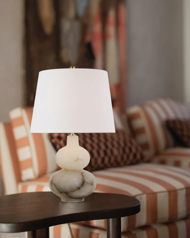 Art Design Arteriors Everly Alabaster Table Lamp Wide 15" with White Linen Fabric Lampshade - Image 3
