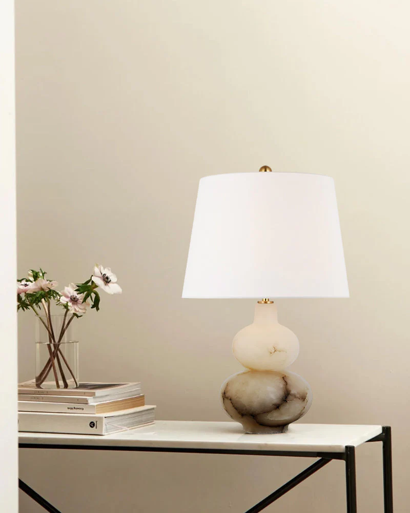 Art Design Arteriors Everly Alabaster Table Lamp Wide 15" with White Linen Fabric Lampshade - Image 7