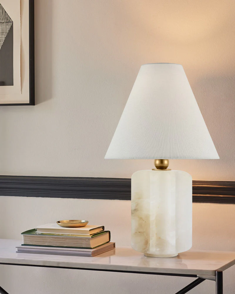 Art Design Arteriors Everly Alabaster Table Lamp Wide 15" with White Linen Fabric Lampshade - Image 8