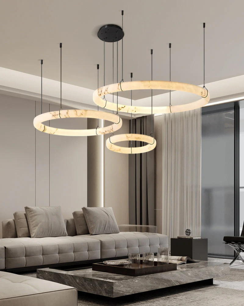 Black Metal Modern Round Ring Alabaster Pendant Light, Width 3.15" - Image 10