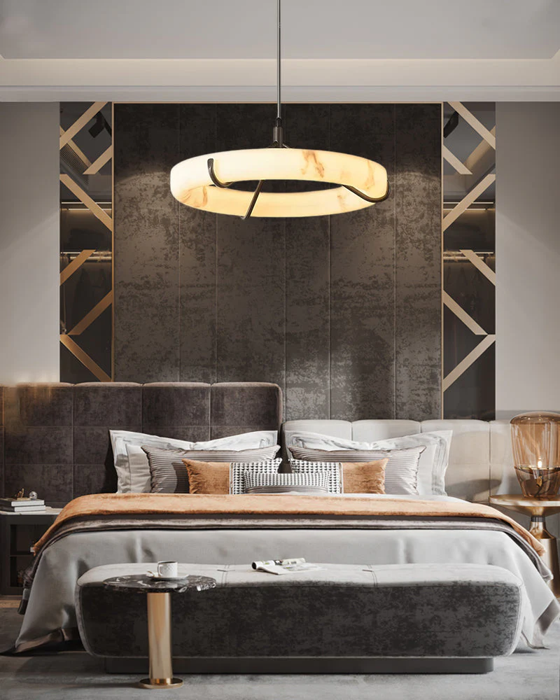 Black Metal Modern Round Ring Alabaster Pendant Light, Width 3.15" - Image 16