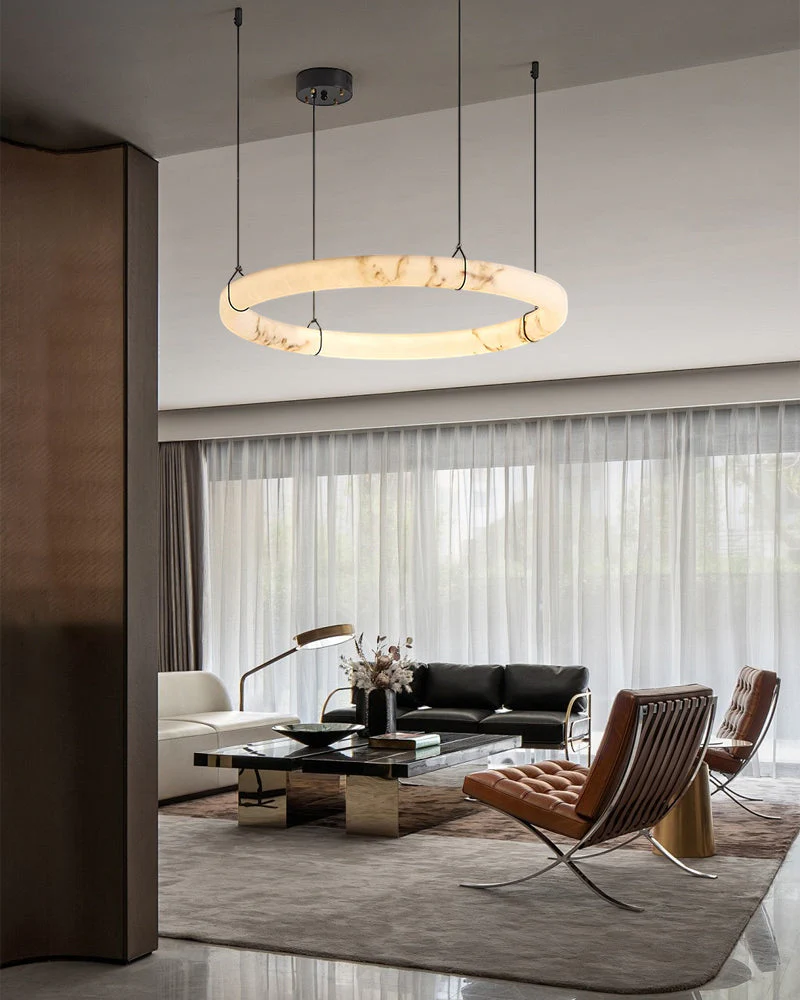 Black Metal Modern Round Ring Alabaster Pendant Light, Width 3.15" - Image 2