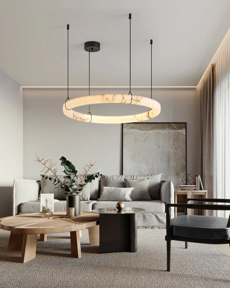 Black Metal Modern Round Ring Alabaster Pendant Light, Width 3.15" - Image 5