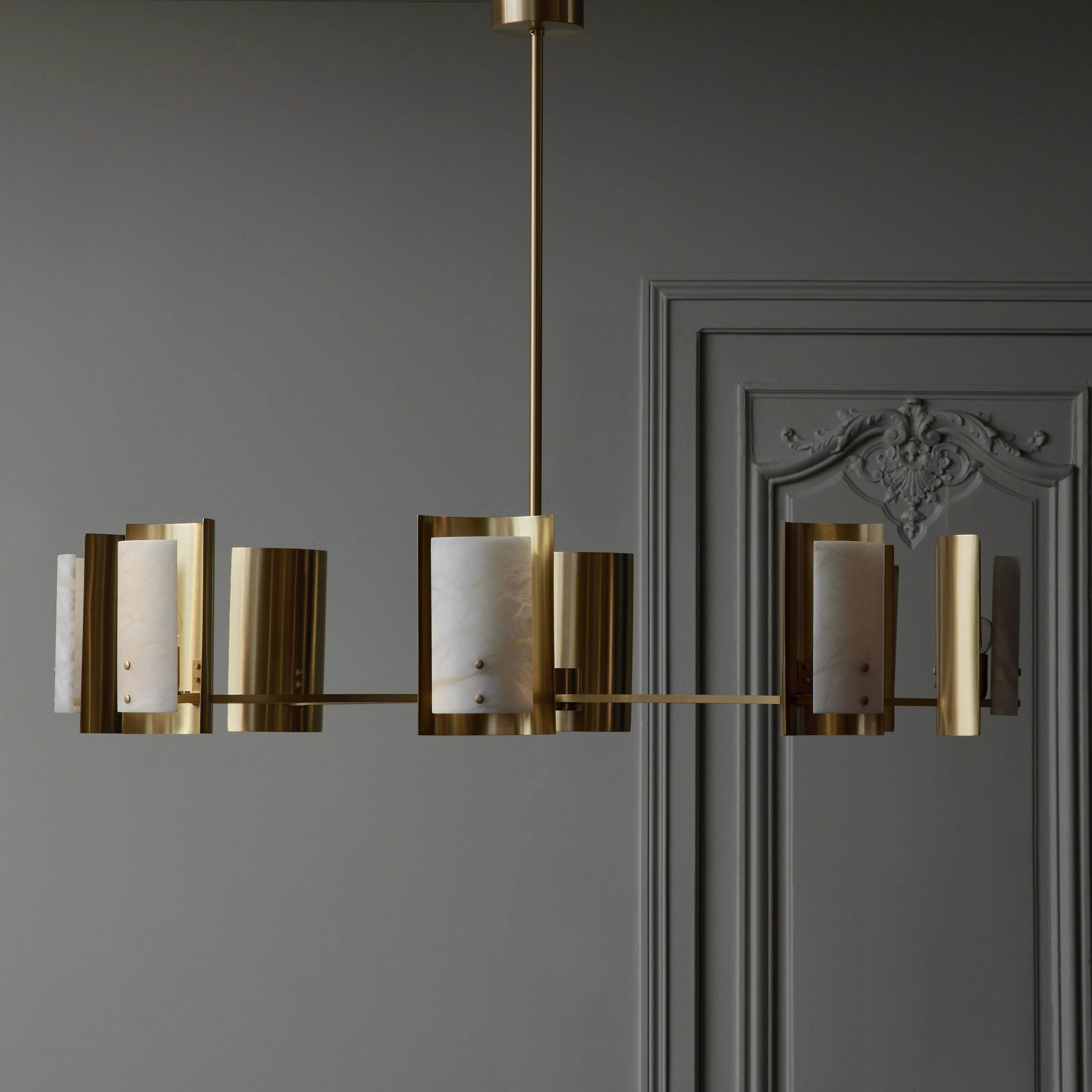 Brass and Alabaster Shield Chandelier