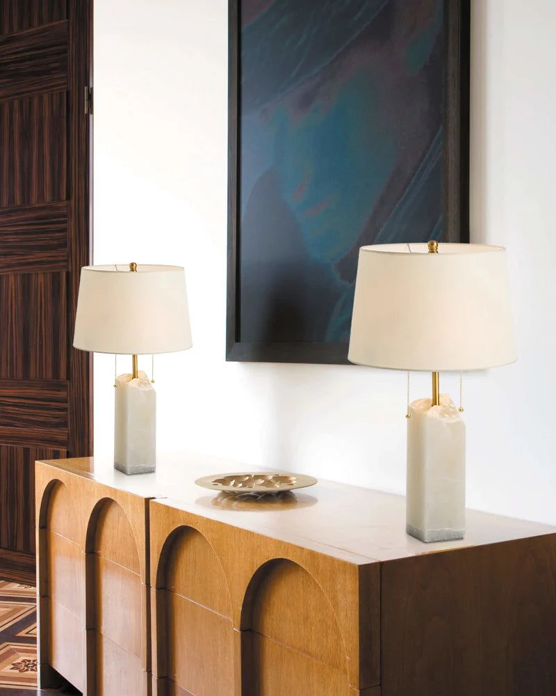 Dia 15" White Alabaster Table Lamp with linen tapered shade for living room bedroom - Image 2