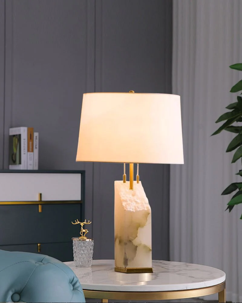 Dia 15" White Alabaster Table Lamp with linen tapered shade for living room bedroom - Image 3