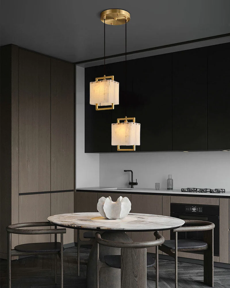 Elegant Cluster Alabaster Dome Suspension Light Lacquered Burnished Brass for hallway - Image 2