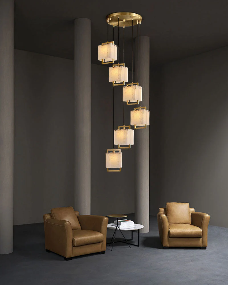 Elegant Cluster Alabaster Dome Suspension Light Lacquered Burnished Brass for hallway - Image 4