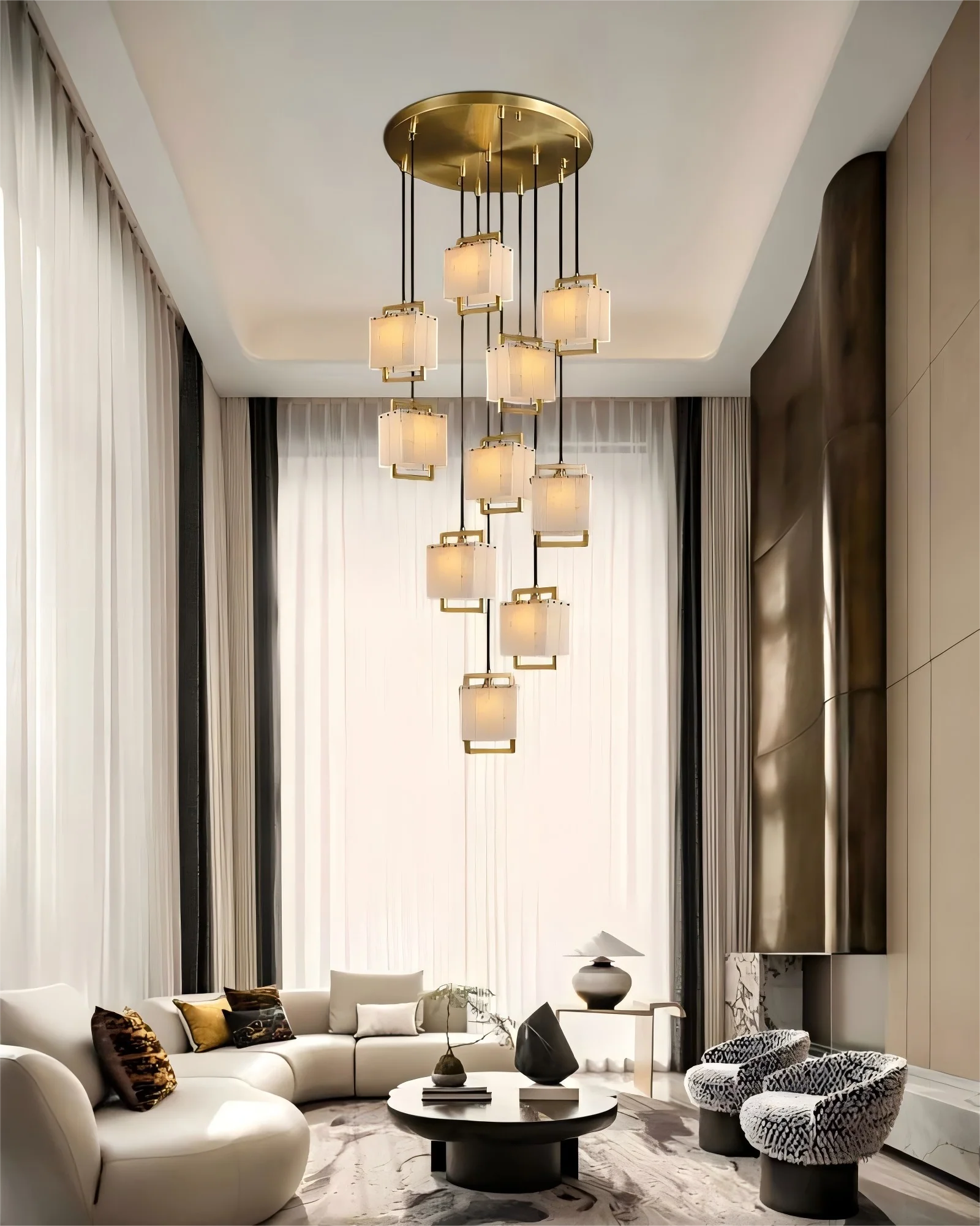 Elegant Cluster Alabaster Dome Suspension Light Lacquered Burnished Brass for hallway - Image 8