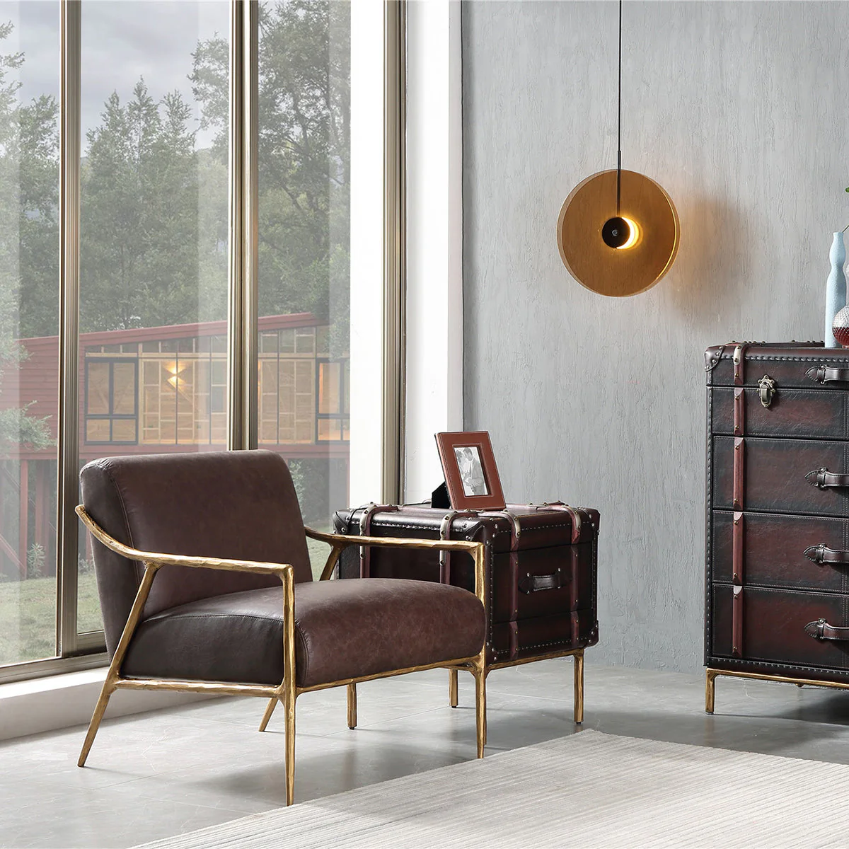 Hand-Forged Metal Brown Leather Accent Chair