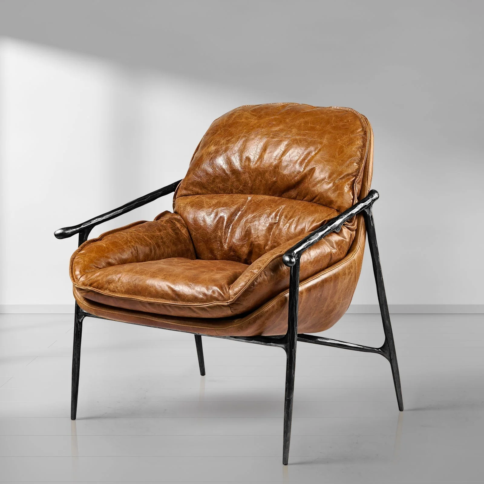 Hand-Forged Metal Brown Leather Accent Chairs - Image 18