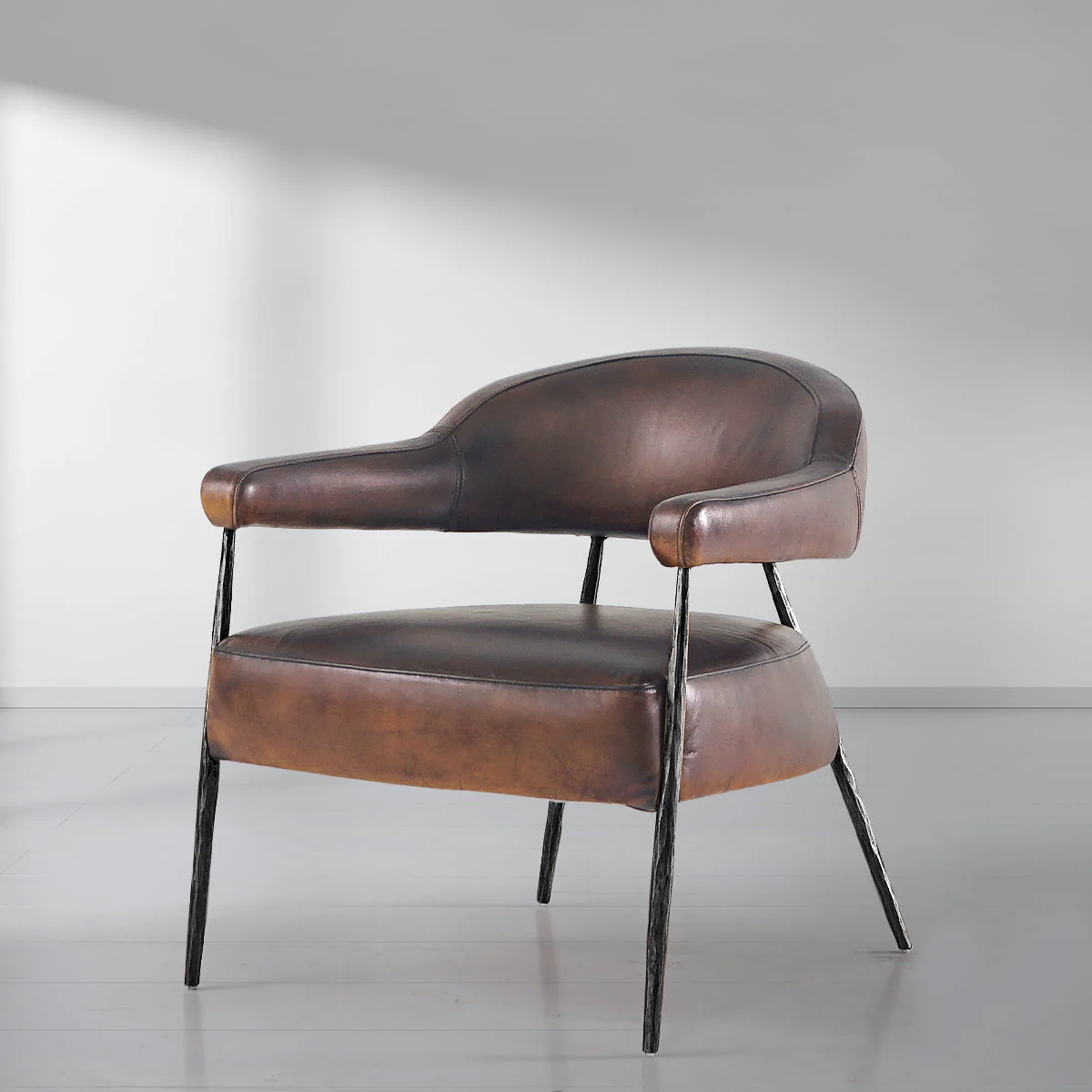 Hand-Forged Metal Brown Leather Lounge Armchair - Image 16