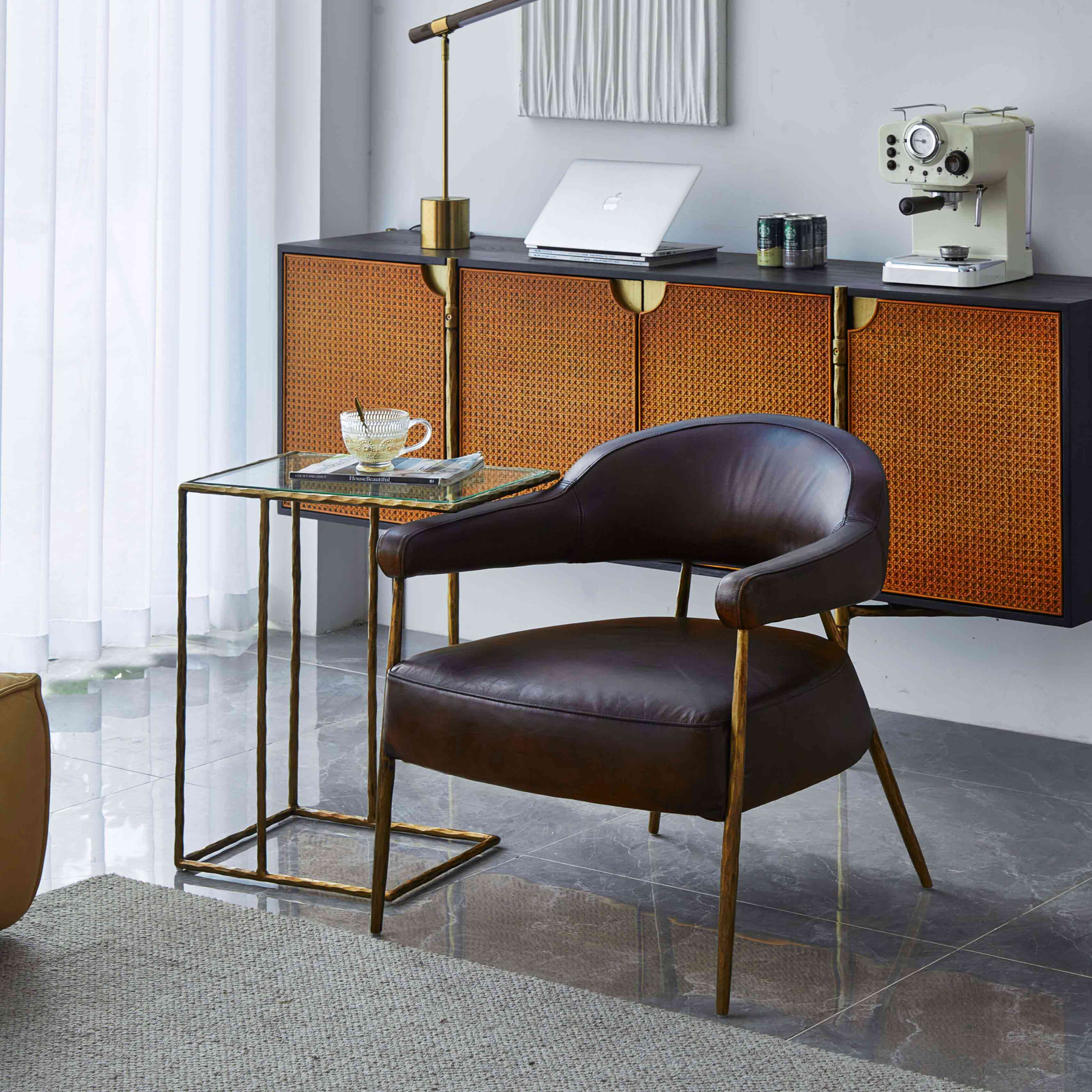 Hand-Forged Metal Brown Leather Lounge Armchair - Image 7