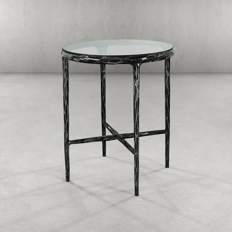Hand-Forged Metal Glass Round Side Table 3 Leg 24"D - Image 5