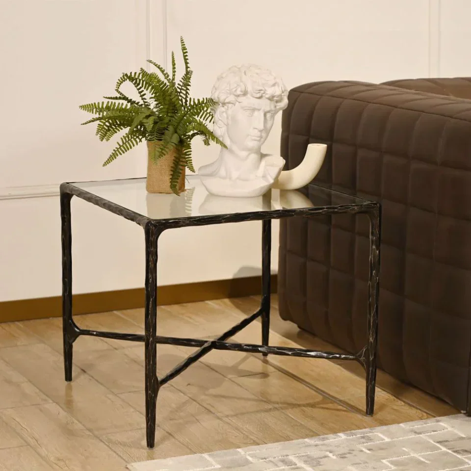 Hand-Forged Metal Glass Square Side Table 18" 22" - Image 3