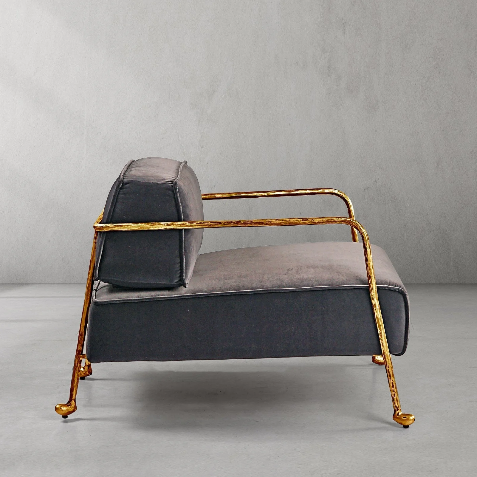 Hand-Forged Metal Gray Velvet Armchair - Image 3