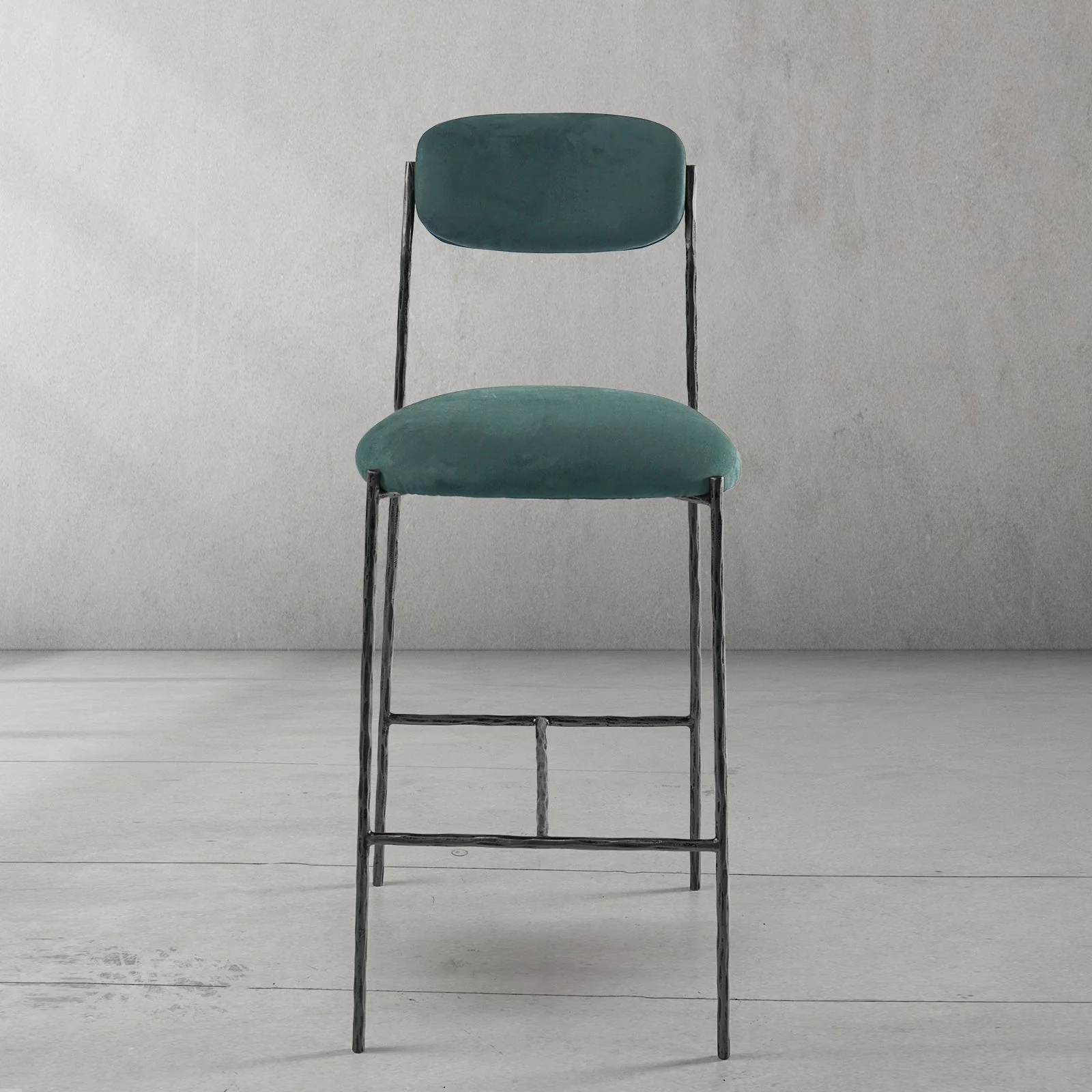 Hand-Forged Metal Green Fabric Bar Stool - Image 15