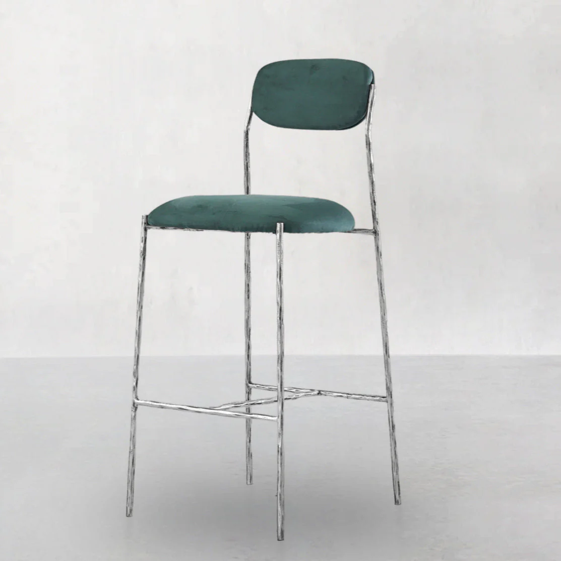 Hand-Forged Metal Green Fabric Bar Stool - Image 5