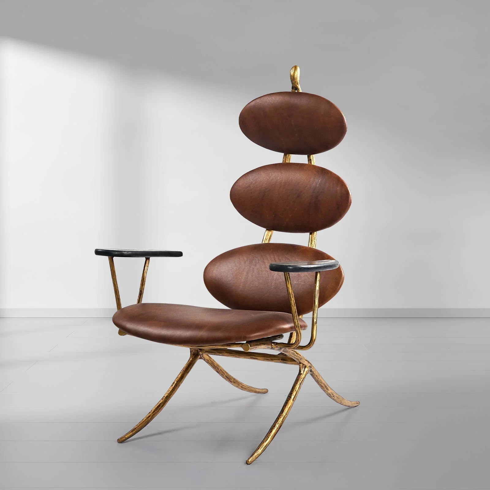 Hand-Forged Metal High Back Brown Leather Lounge Accent Chair - Image 16