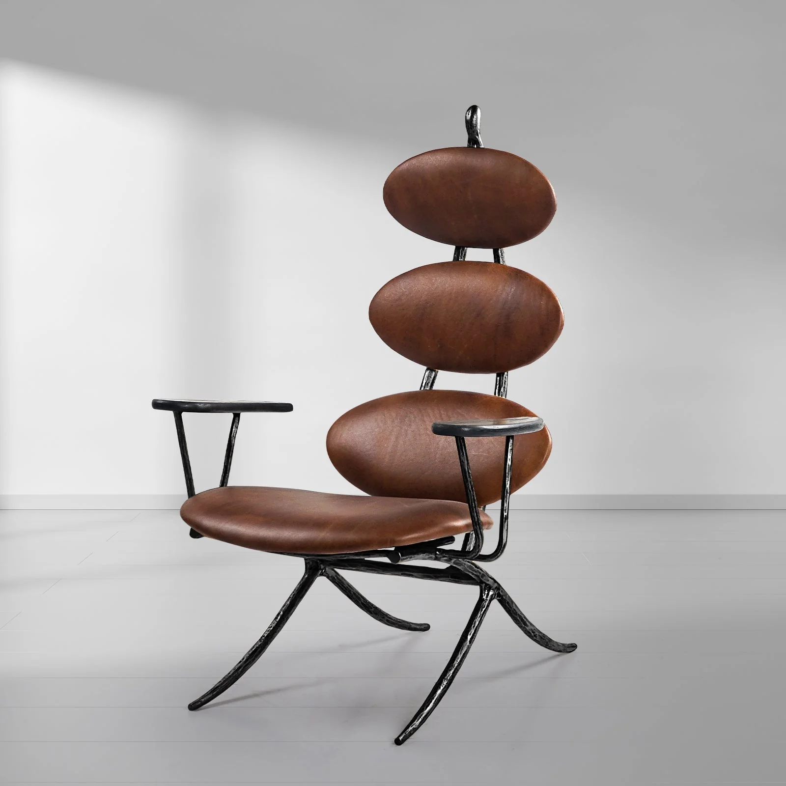 Hand-Forged Metal High Back Brown Leather Lounge Accent Chair - Image 17