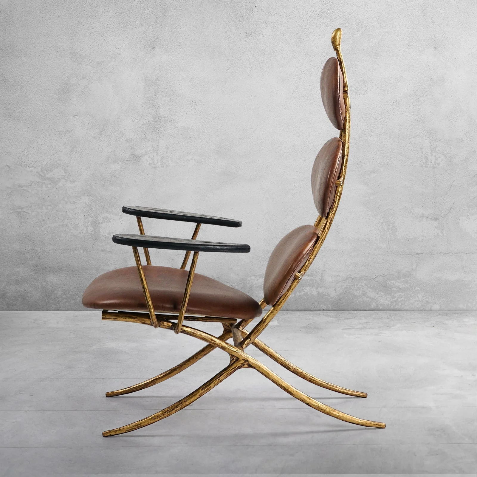Hand-Forged Metal High Back Brown Leather Lounge Accent Chair - Image 8
