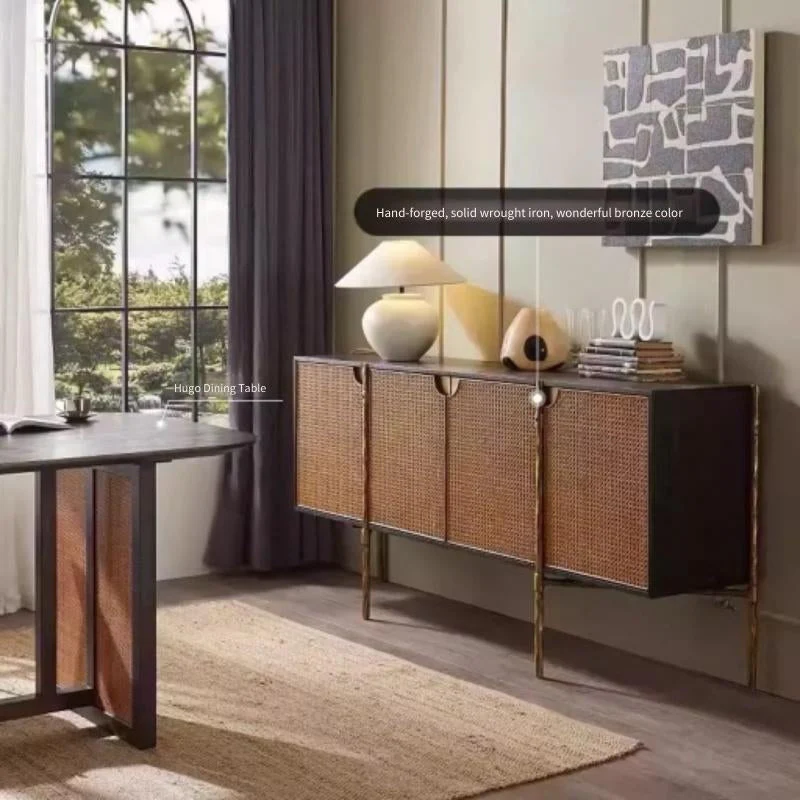 Hand-Forged Metal Metal Frame Rattan 6-Drawer Side Cabinet - Image 3