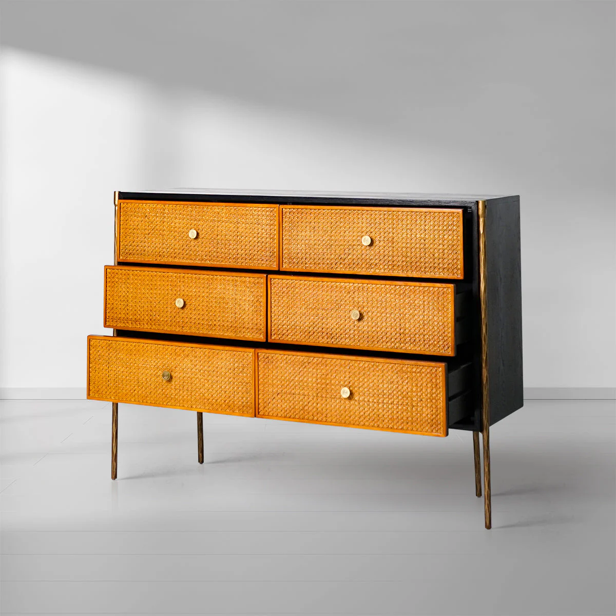 Hand-Forged Metal Metal Frame Rattan 6-Drawer Side Cabinet - Image 6