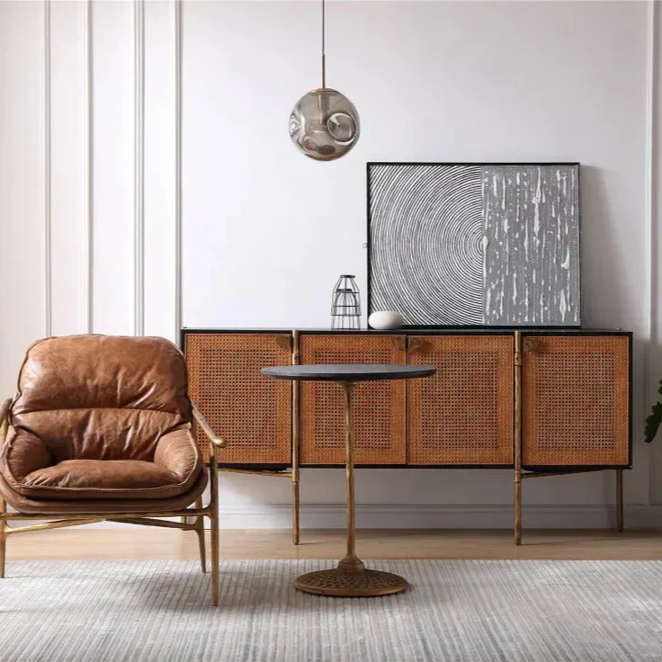 Hand-Forged Metal Metal Frame Rattan Long Side Cabinet - Image 5