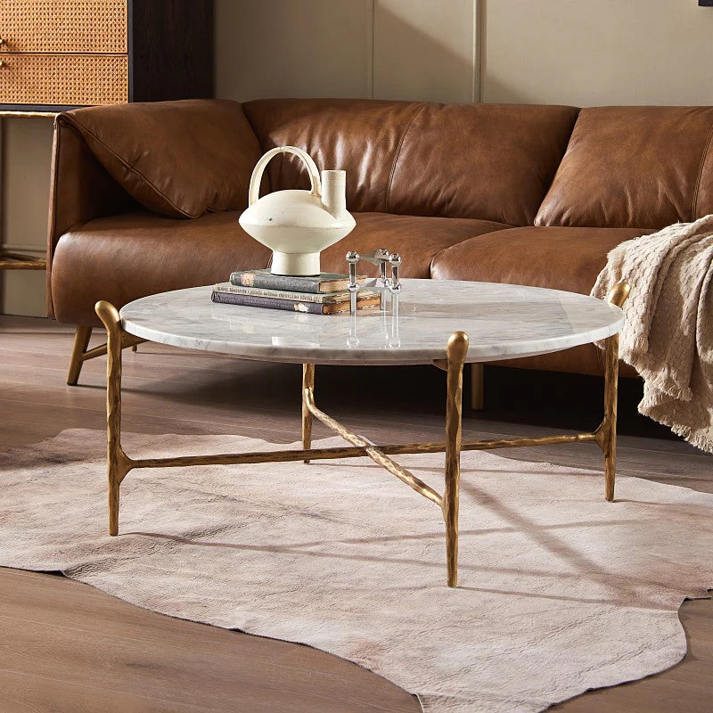 Hand-Forged Metal Round  Horn Marble Coffee Table & Side Table