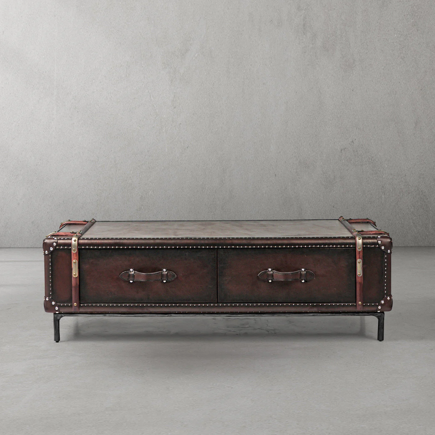 Hand-Forged Metal Vintage Cowhide Rattan Coffee Table - Image 10