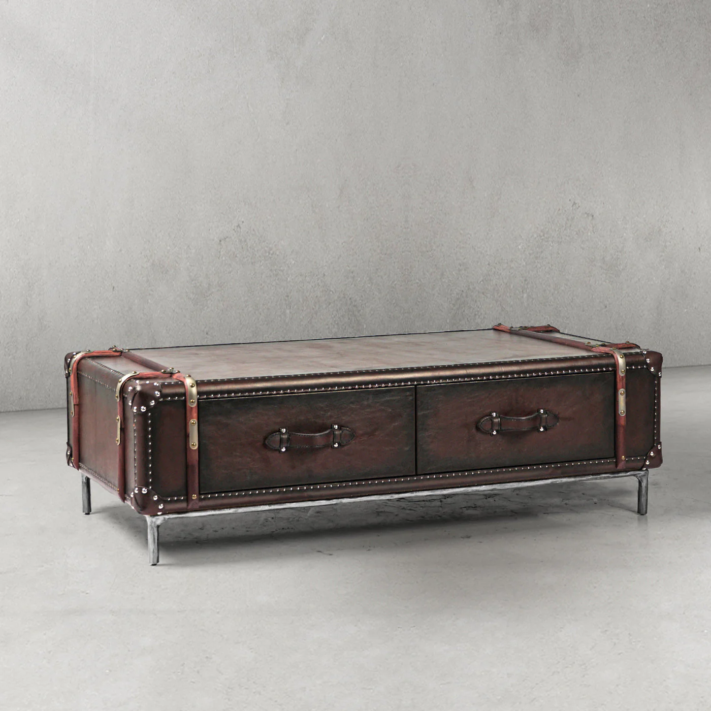 Hand-Forged Metal Vintage Cowhide Rattan Coffee Table - Image 17