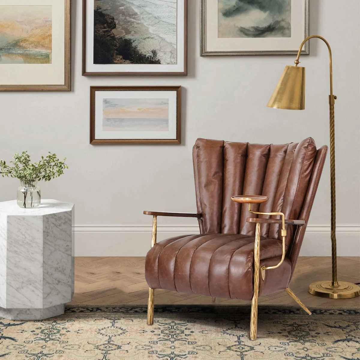 Hand-Forged Metal Vintage Leather Armchair Cigar Chair