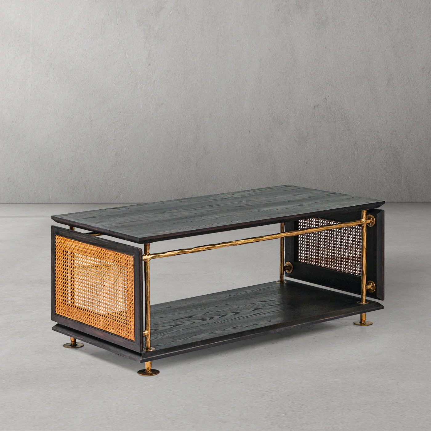 Hand-Forged Metal Vintage Rattan Wooden Coffee Table - Image 3