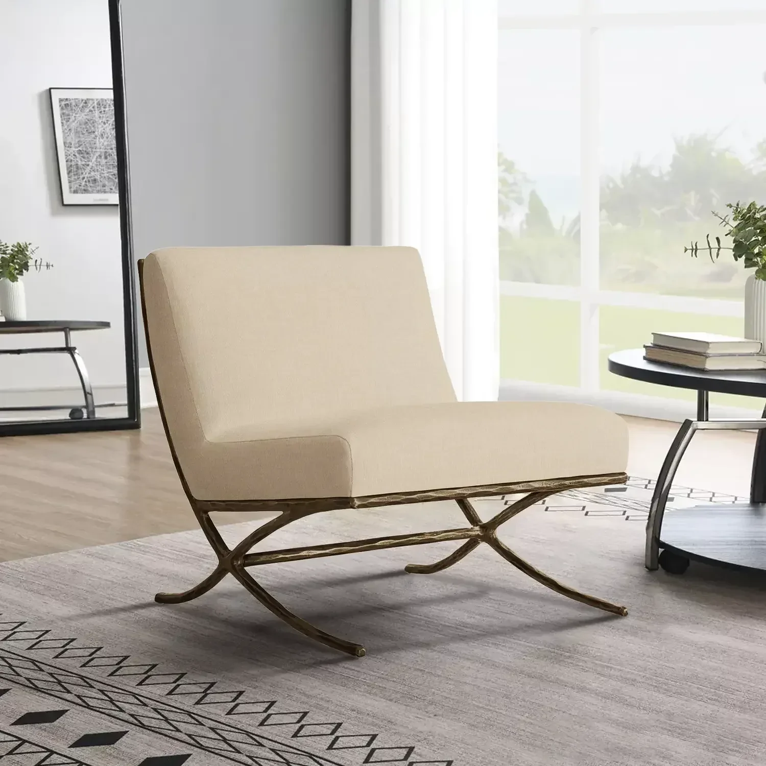 Hand-Forged Metal X-base Leather Slipper Chair