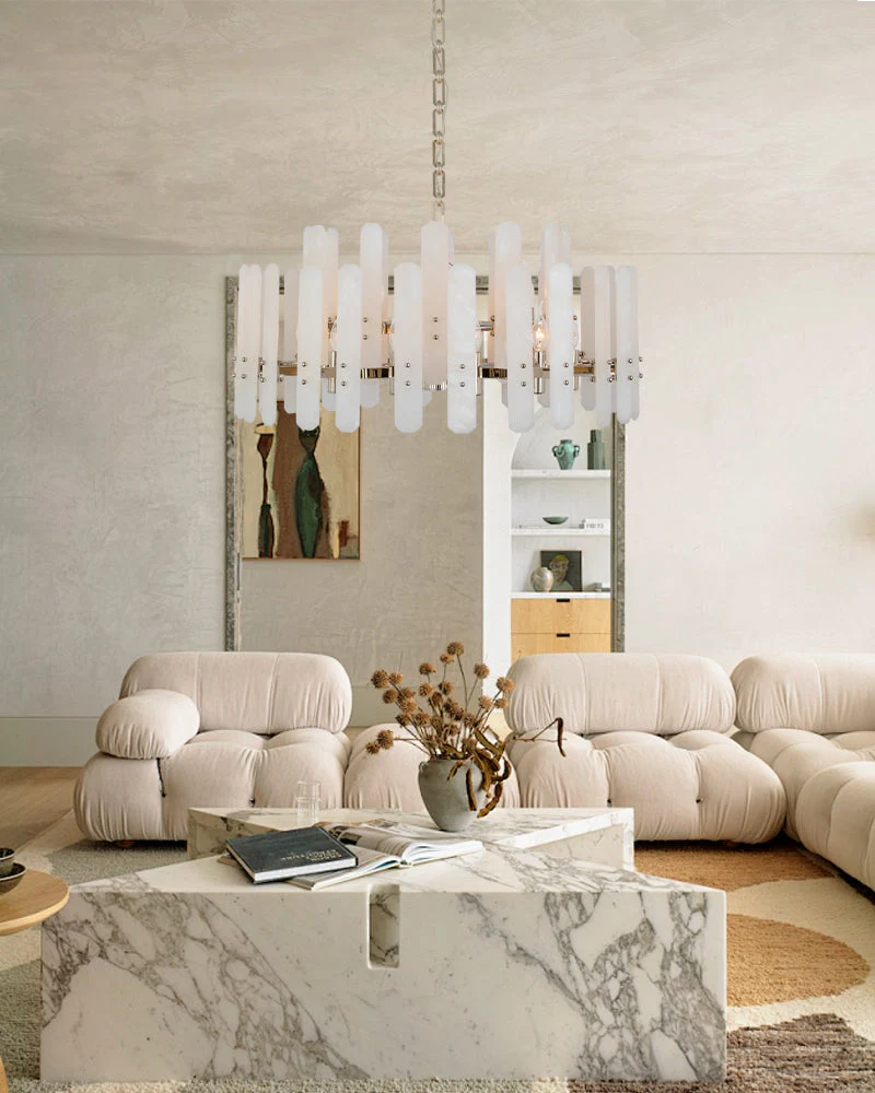 Large Alabaster Rectangular Chandelier Wide 40“ 45” with Chrome Frame for dining room - Image 15