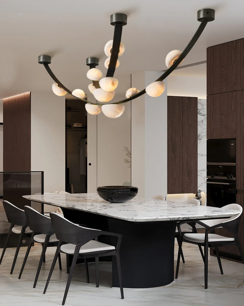Leather pendant lamps with semicircular marble diffusers on a U-shaped strip metal base - Image 4