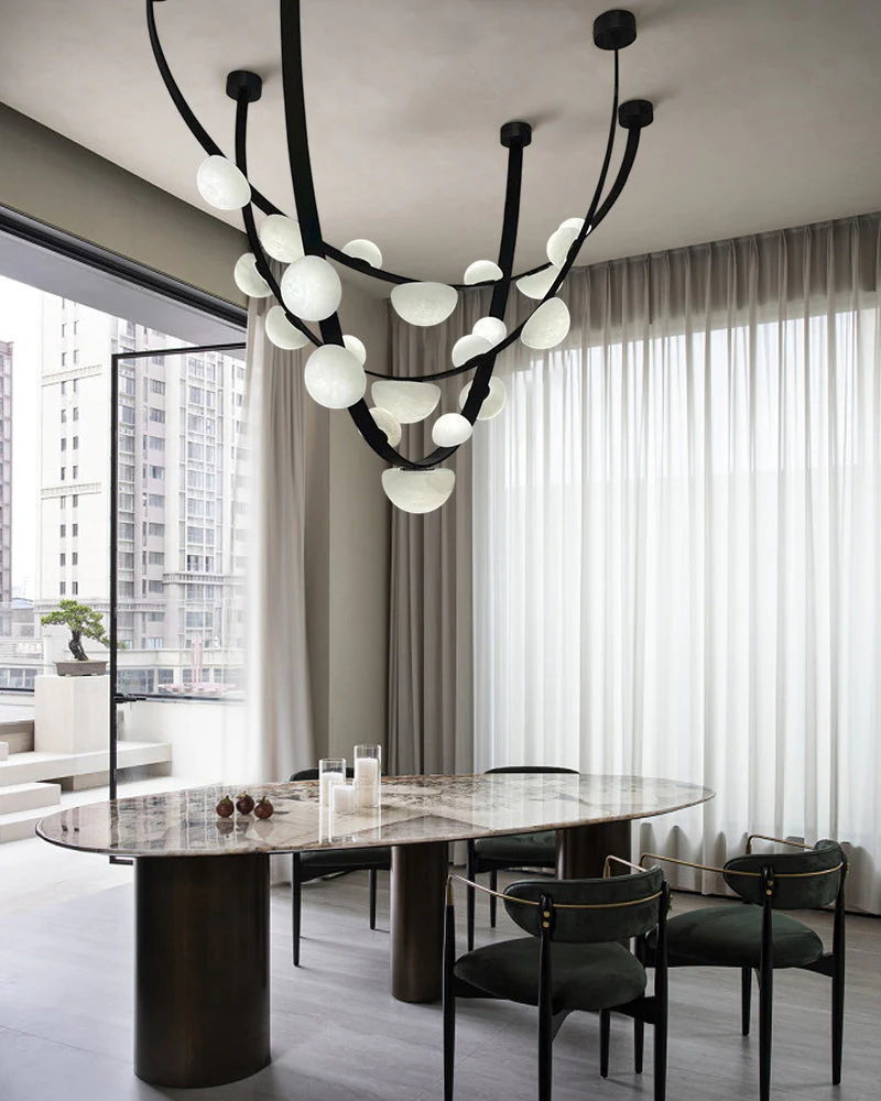 Leather pendant lamps with semicircular marble diffusers on a U-shaped strip metal base - Image 9