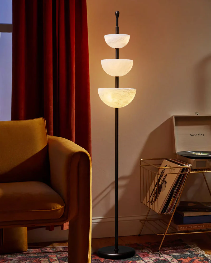 LED Bronze and Alabaster Triple Bowl Tall Floor Lamp 76in - Image 4